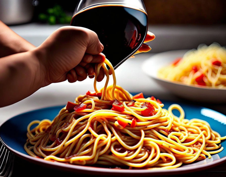 Hand pouring red sauce over spaghetti with red pepper slices on blue plate