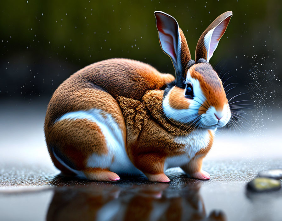 Digital illustration of a squirrel with rabbit ears on wet surface