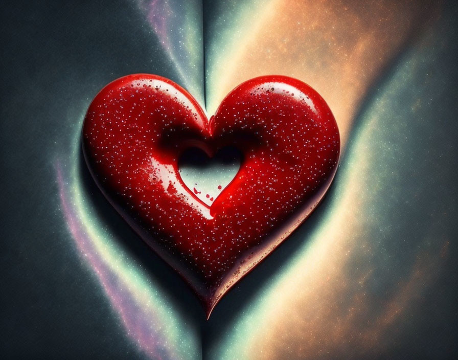 Red Heart with Carved Center on Textured Background and Beams of Light