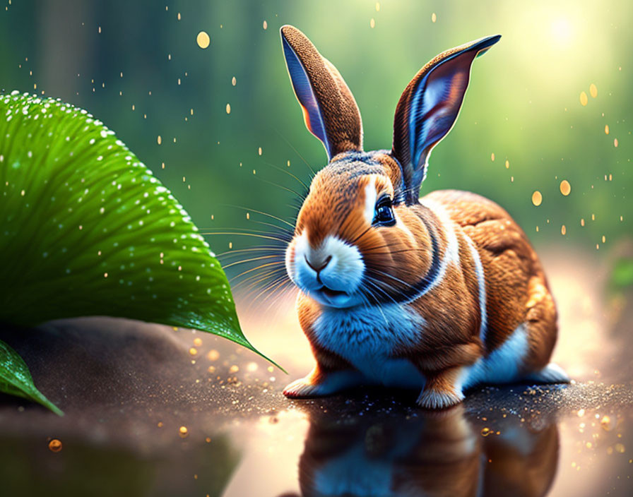 Digital art: Rabbit with tiger-like stripes next to green leaf with sparkling droplets