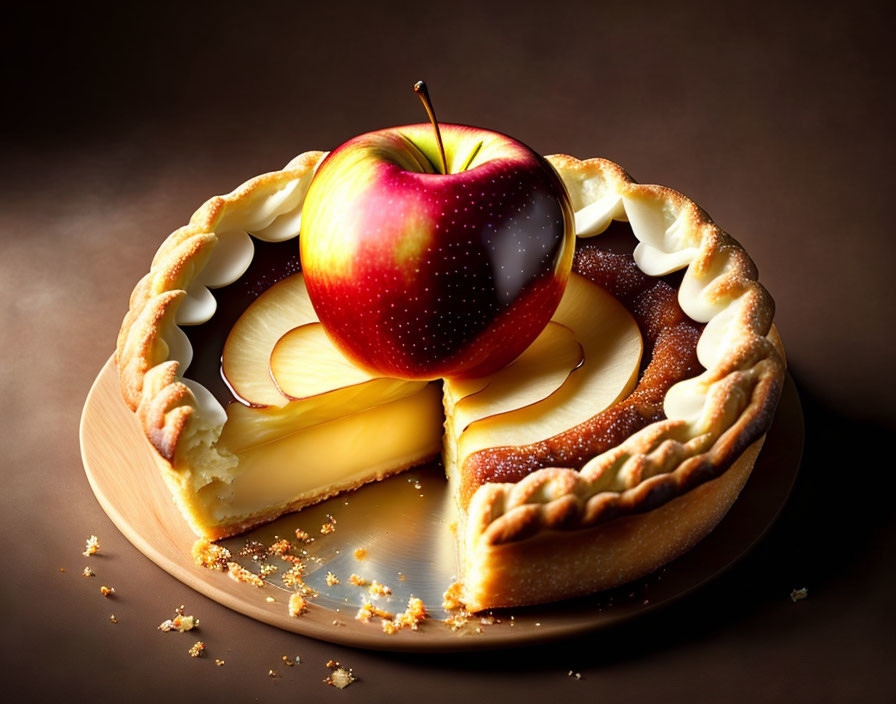 Freshly baked apple pie with slice removed, garnished with apple, on wooden plate against dark background