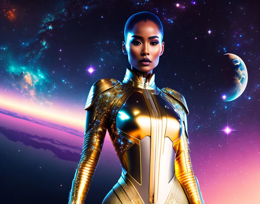 Futuristic woman in gold and white suit against cosmic backdrop