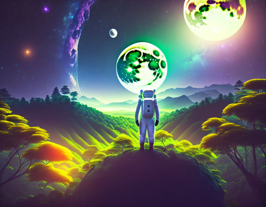 Astronaut on green hill under two moons and colorful sky