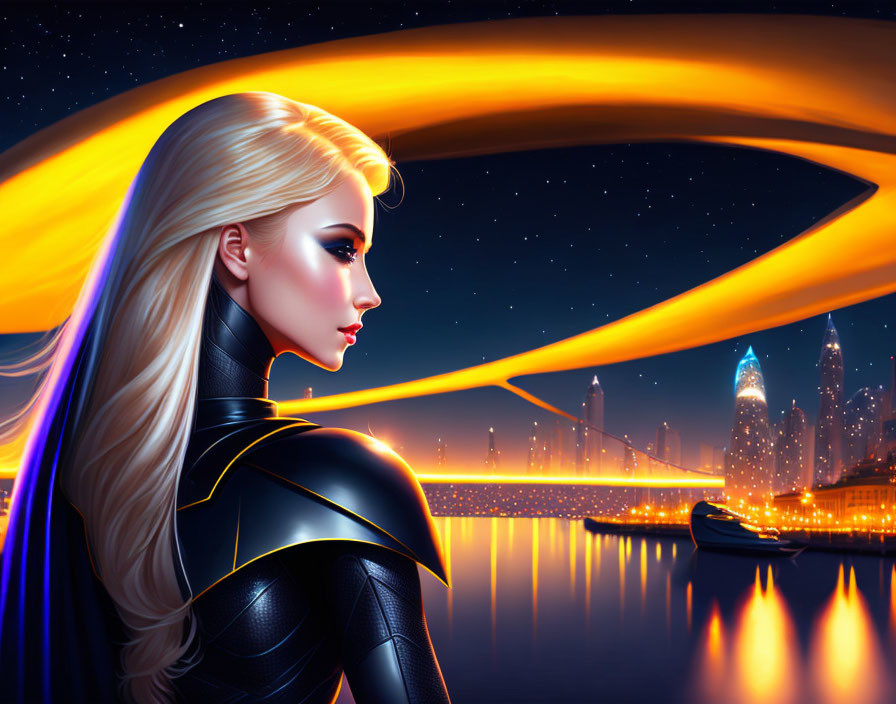 Blonde Female Superhero Profile Overlooking Night Cityscape