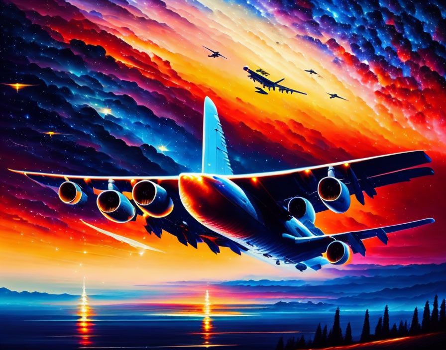 Colorful Sky with Multiple Airplanes Flying in Surreal Sunset and Starry Night Blend