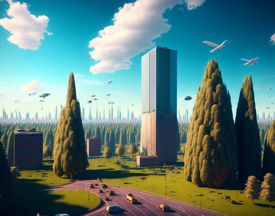 Futuristic cityscape with skyscraper, trees, flying cars, and airplanes