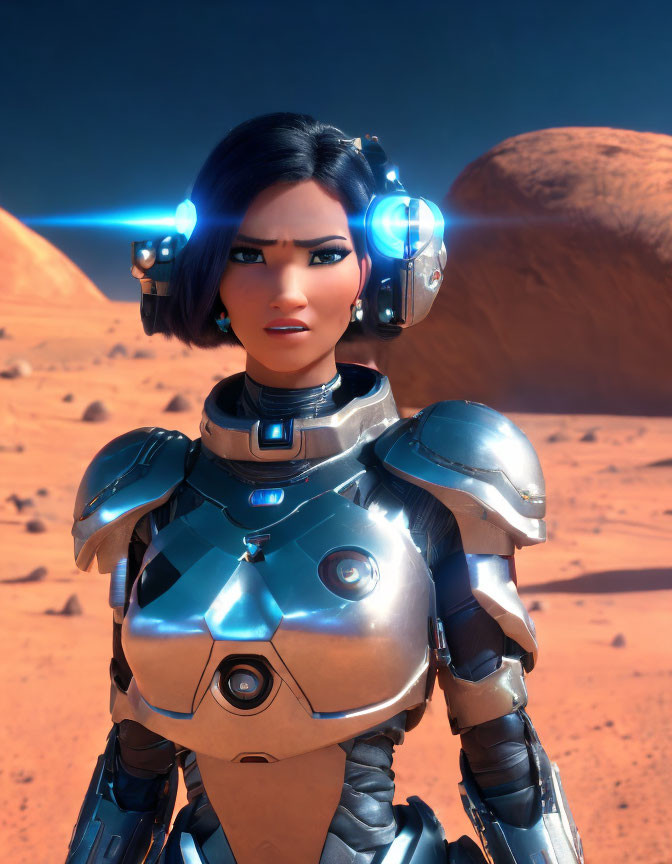 Female humanoid robot in blue and silver armor in desert landscape