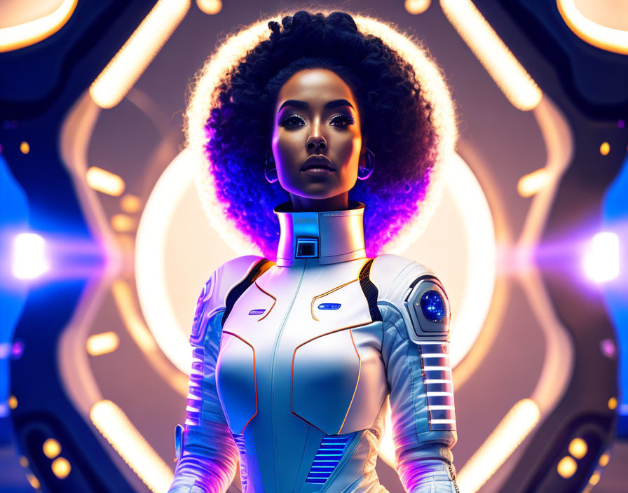 Futuristic woman in sci-fi suit against abstract background