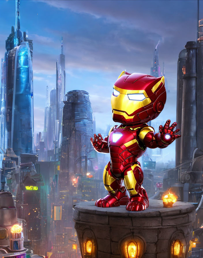 Stylized Iron Man Figure on Pedestal with Futuristic Cityscape at Twilight