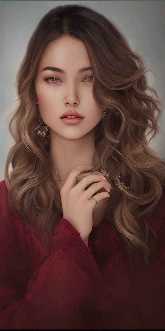 Portrait of woman with wavy hair and red lips in red blouse and elegant earrings, looking contemplative