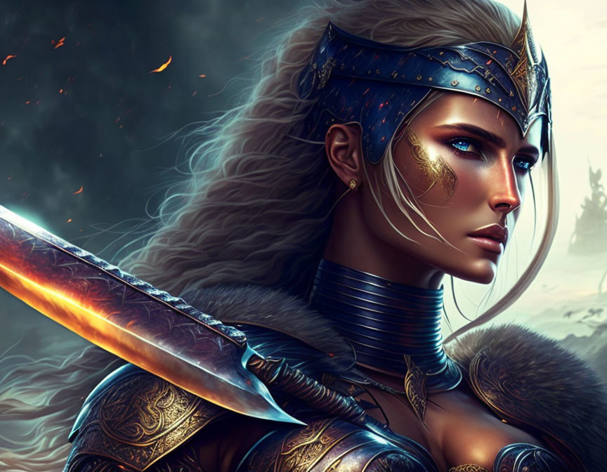 Warrior woman digital art: elaborate armor, crown, flaming sword, fiery backdrop