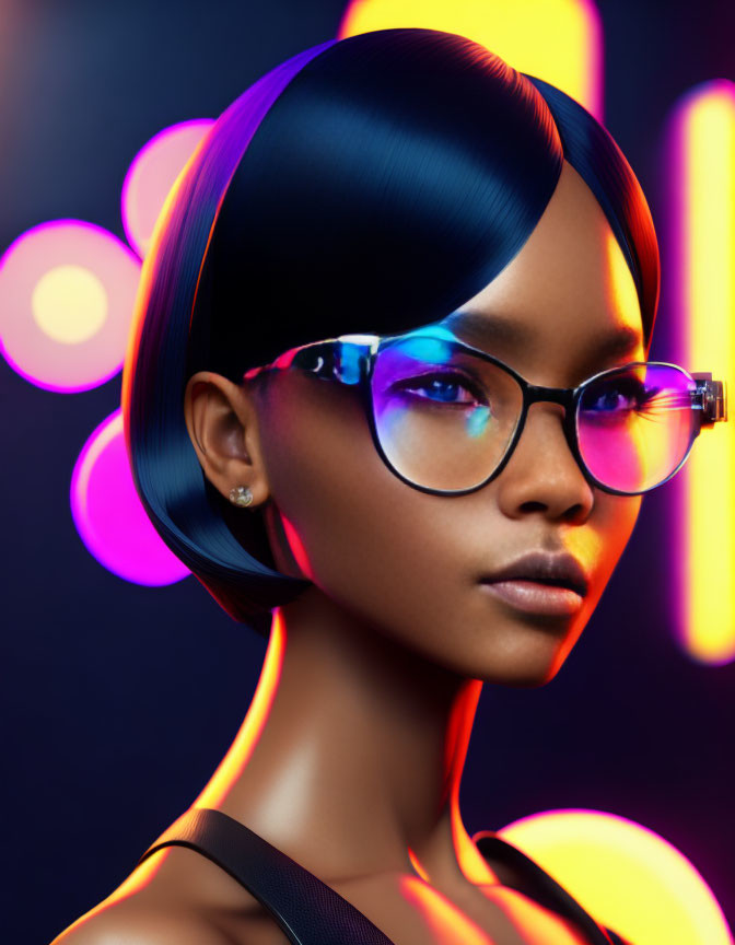 Neon-lit digital artwork of woman with sleek hair and glasses