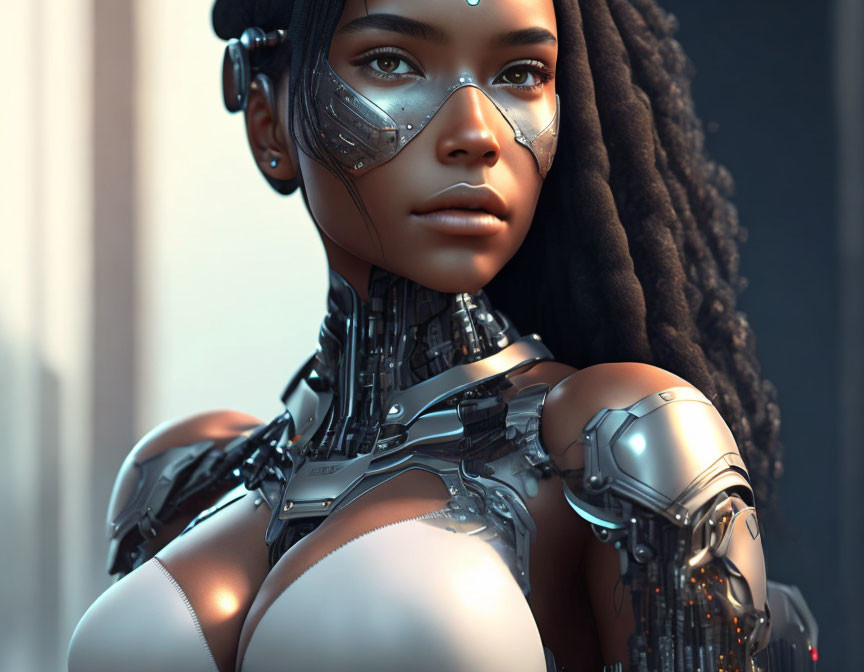 Female Cyborg Portrait with Realistic Human Features and Advanced Robotic Components