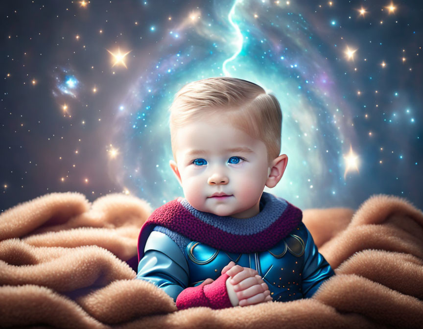 Blue-eyed toddler in futuristic suit on cosmic background with blanket