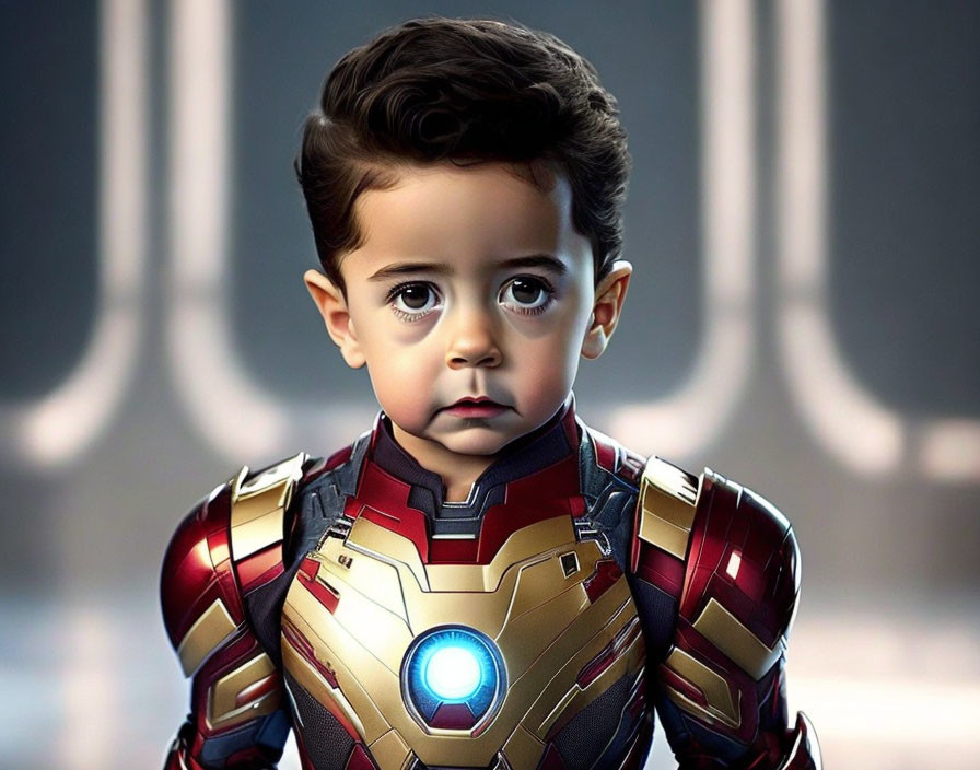 Child in Iron Man suit against futuristic backdrop