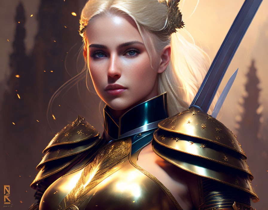 Female warrior digital artwork: sword, golden armor, crown headpiece, forest background