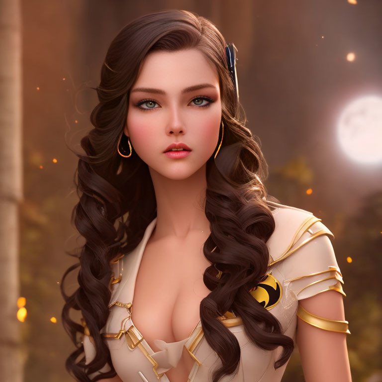 Digital artwork of female character with long wavy brown hair and blue eyes in white and gold costume.