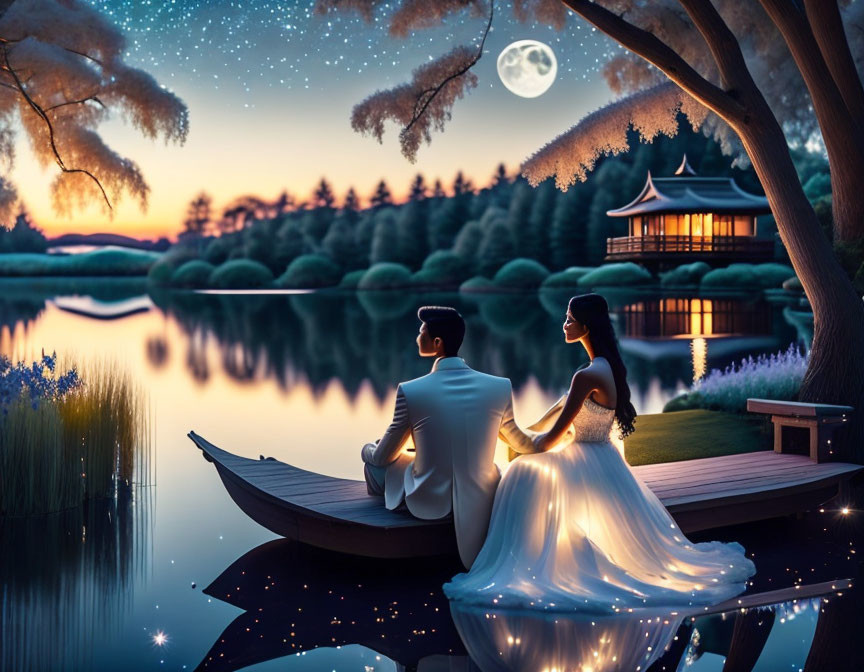 Couple in formal attire by tranquil lake under starry sky with full moon and Asian-style pavilion