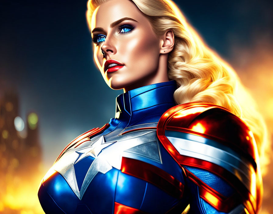 Blonde Woman in Superhero Costume with Star Emblem on Fiery Background