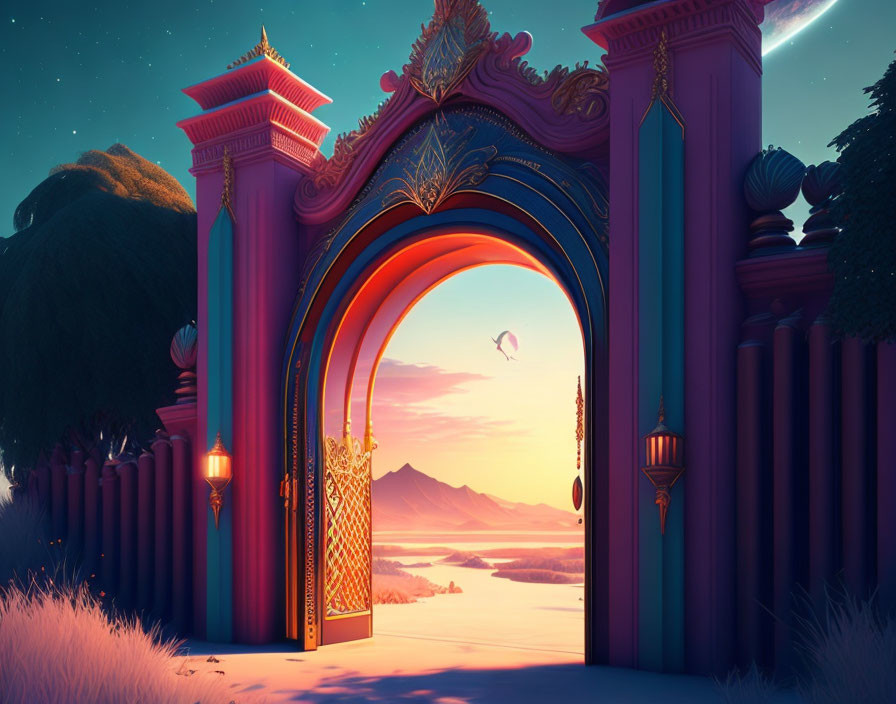 Colorful Archway Frames Serene Twilight Landscape