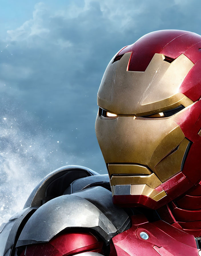 Detailed Iron Man helmet with intense eyes under cloudy sky