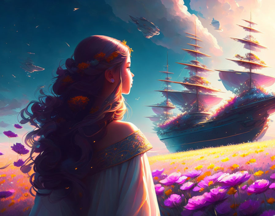 Woman admires sailing ship in vibrant field with purple flowers.