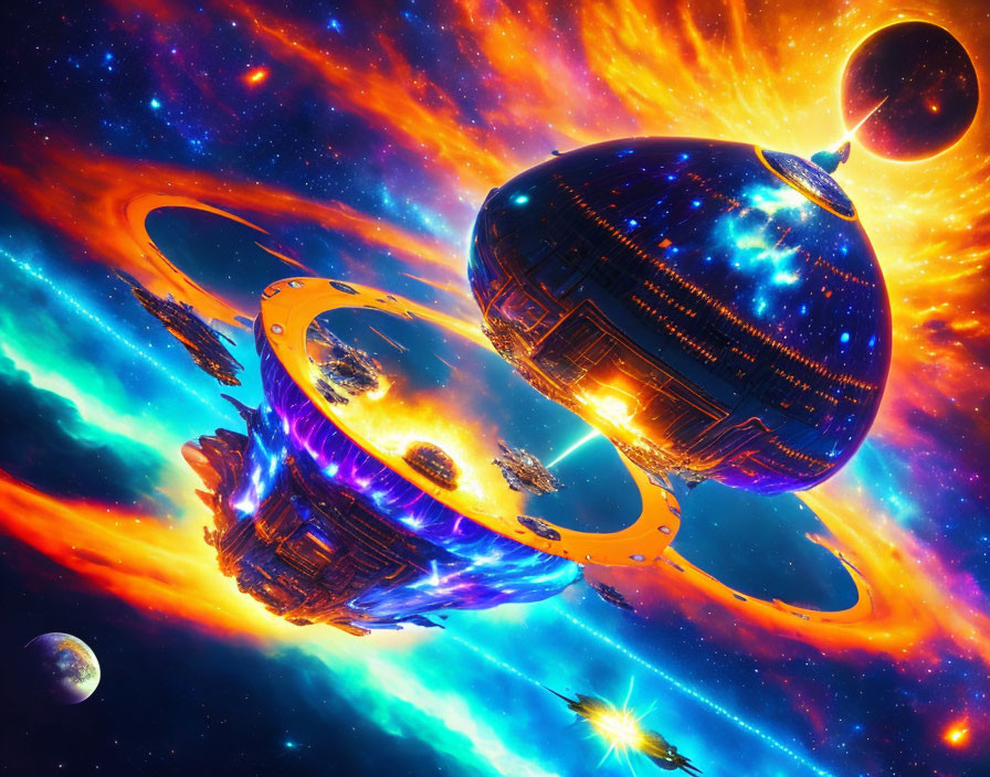 Futuristic sci-fi scene with space stations, nebulas, rings, starships, and