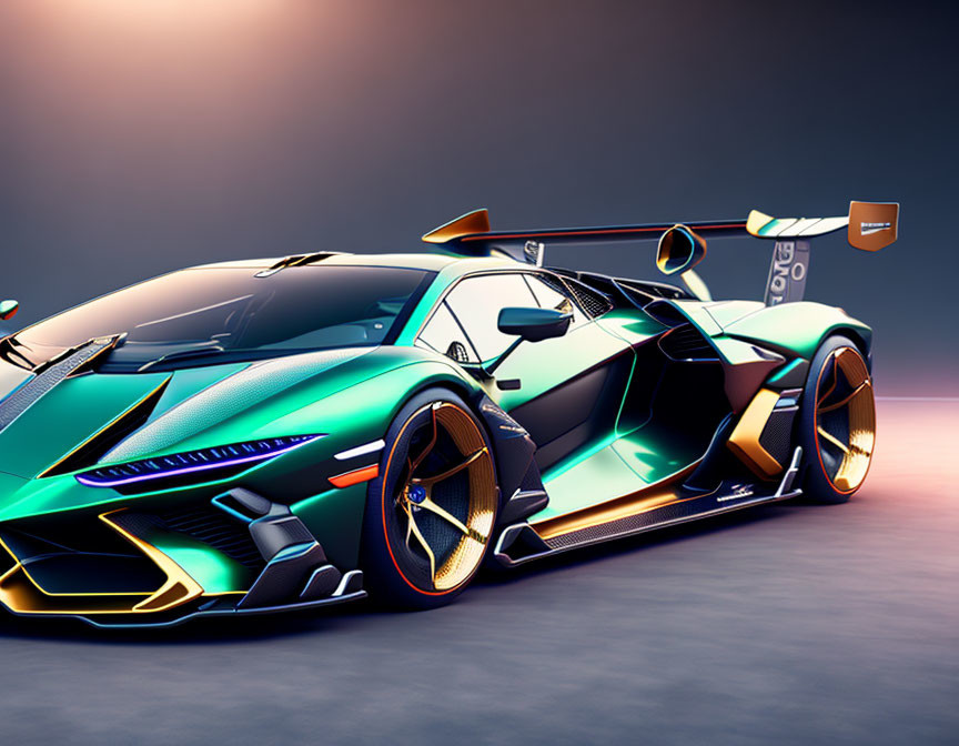 Futuristic racing car with teal-orange gradient, aerodynamic design, rear wing, golden rims