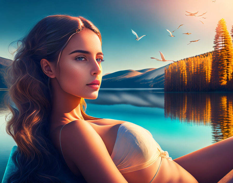 Woman with wavy hair by serene lake at sunset