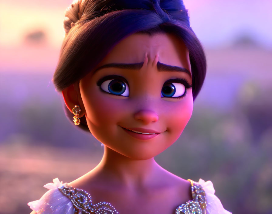 Close-up of animated young woman with large eyes and warm smile in detailed dress against purple sunset.