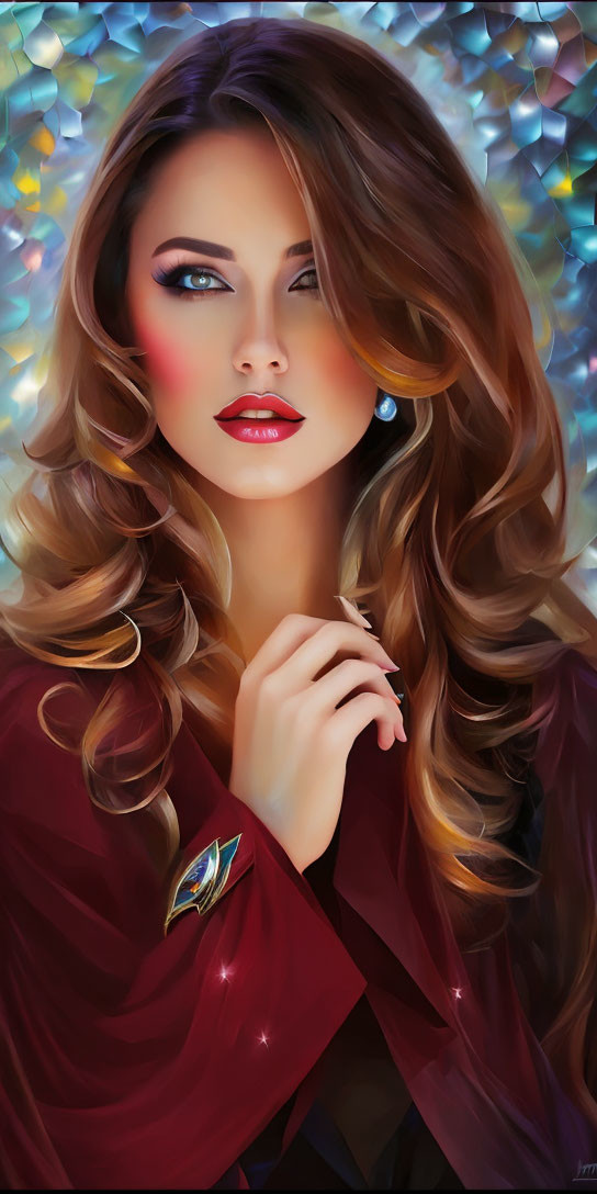 Digital portrait of woman with wavy brown hair, blue eyes, red lipstick, in burgundy outfit