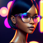 Neon-lit digital artwork of woman with sleek hair and glasses