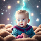 Blue-eyed toddler in futuristic suit on cosmic background with blanket