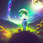 Astronaut on green hill under two moons and colorful sky