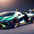 Futuristic racing car with teal-orange gradient, aerodynamic design, rear wing, golden rims