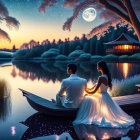 Couple in formal attire by tranquil lake under starry sky with full moon and Asian-style pavilion