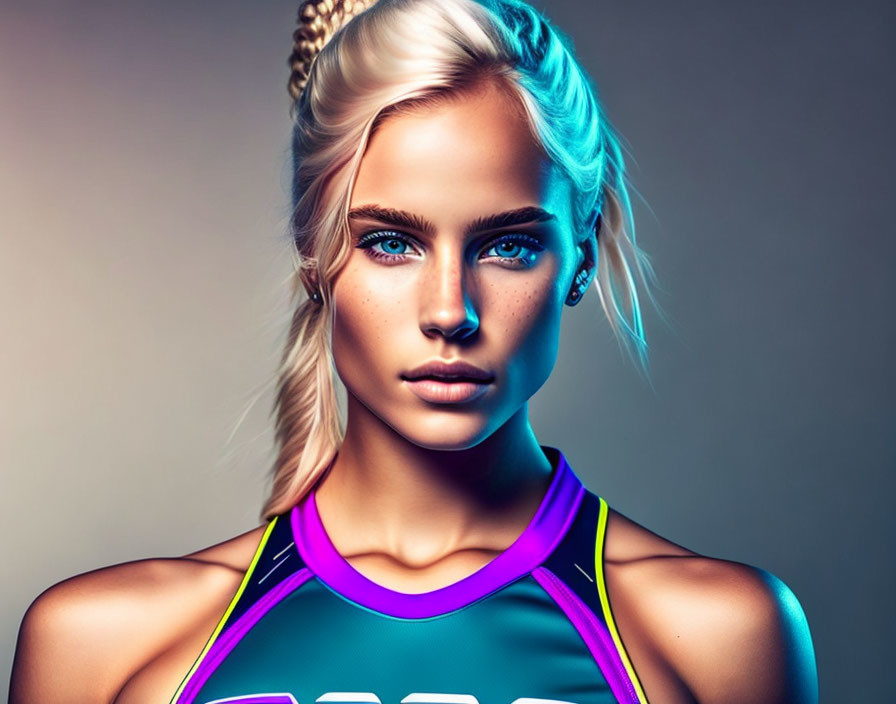 Stylized portrait of woman with blue eyes and blonde braid in athletic top on gradient background