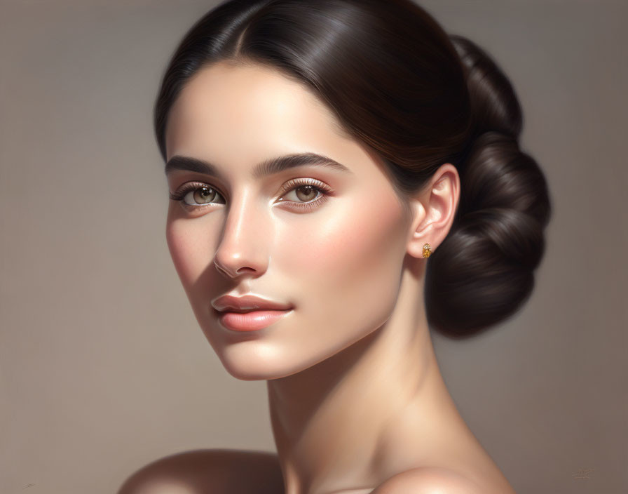 Digital portrait of woman with neat bun hairstyle & glowing skin.