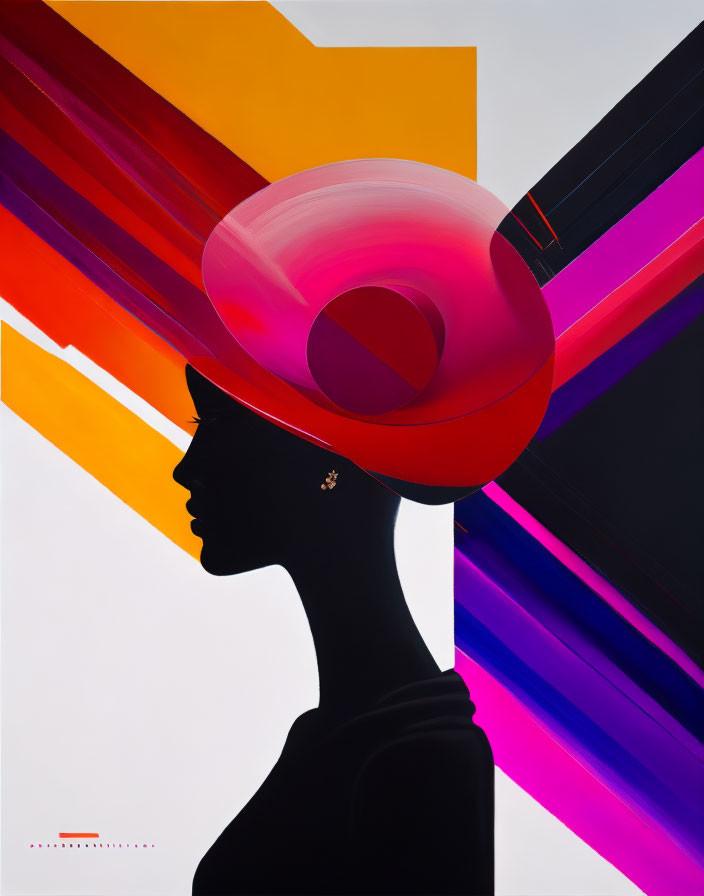 Colorful abstract painting: Person silhouette with red hat amidst geometric shapes