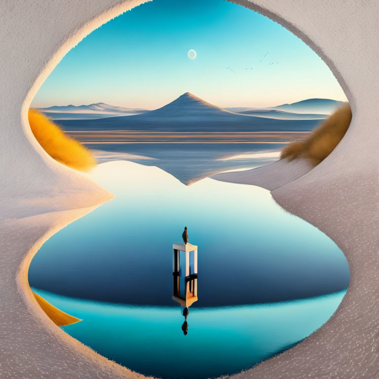 Person on platform in surreal landscape with reflective lake, desert sands, and crescent moon