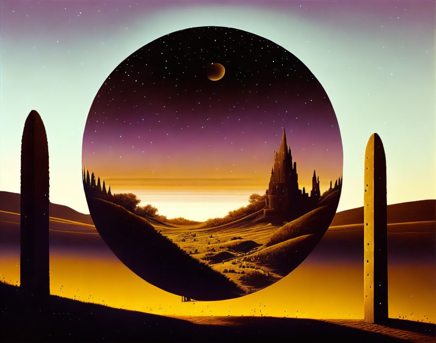 Surreal landscape with circular gateway, starry sky, planet, monoliths, hills,