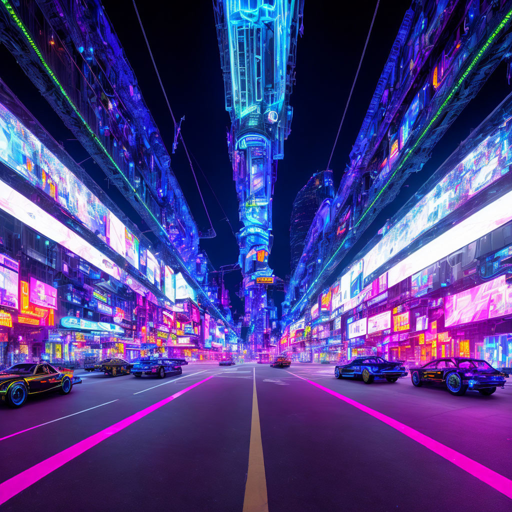 Futuristic cyberpunk cityscape at night with neon lights, buildings, and vehicles