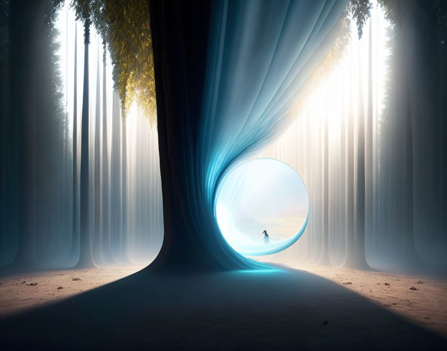 Surreal forest landscape with circular portal and mystical figure