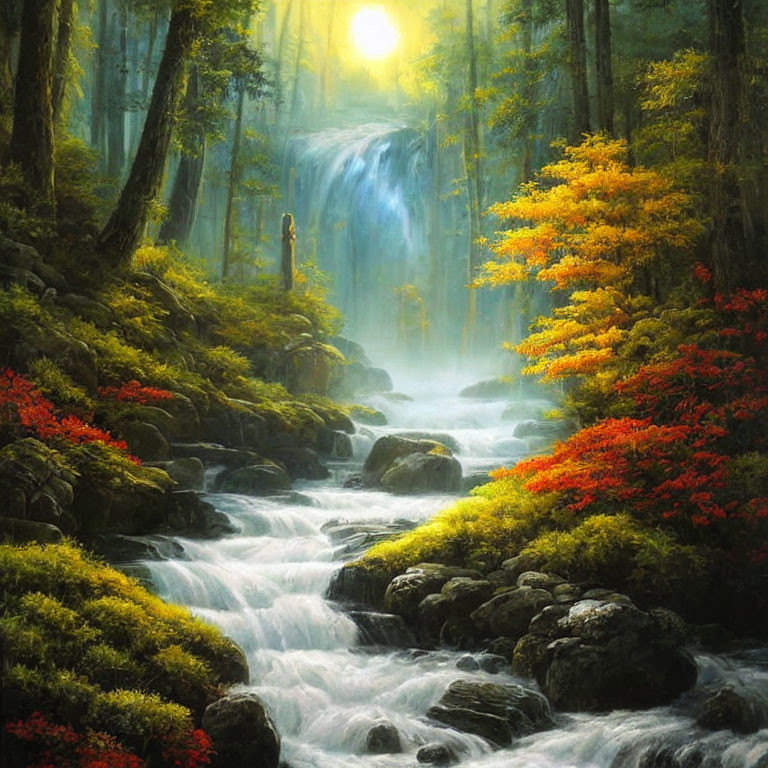 Tranquil forest waterfall with autumn foliage & sunbeams