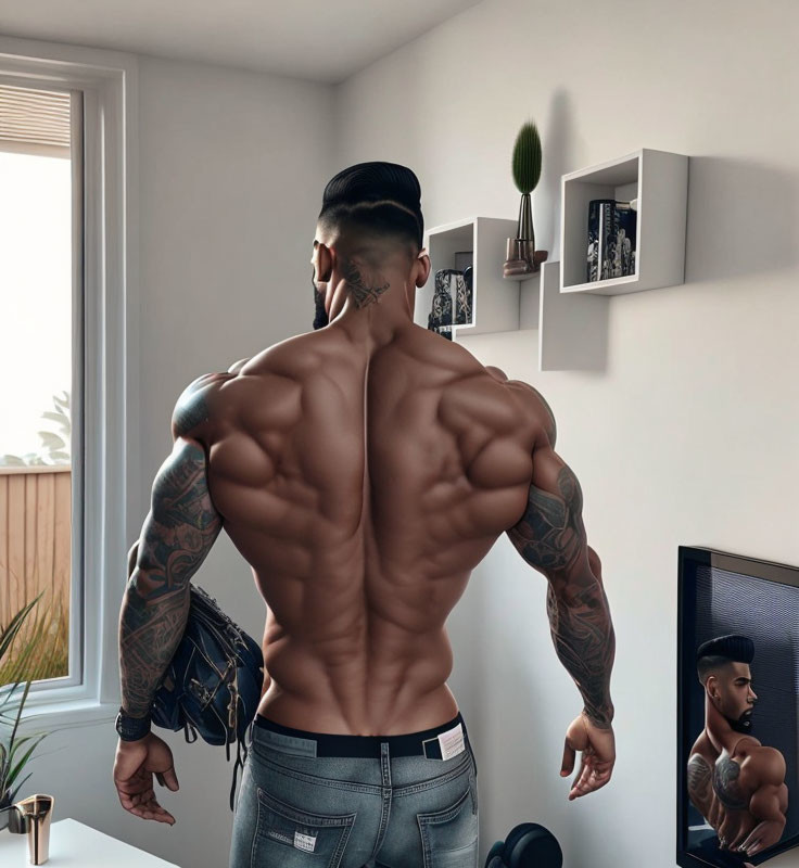 Muscular tattooed man with man bun in modern room reflects in mirror