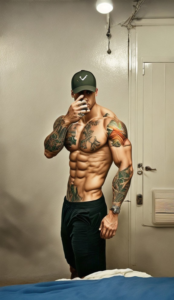 Muscular man with tattoos covering face in room