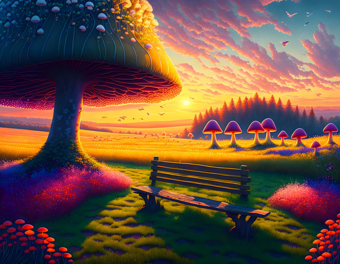 Colorful sunset over whimsical landscape with oversized mushrooms, bench, and flowers