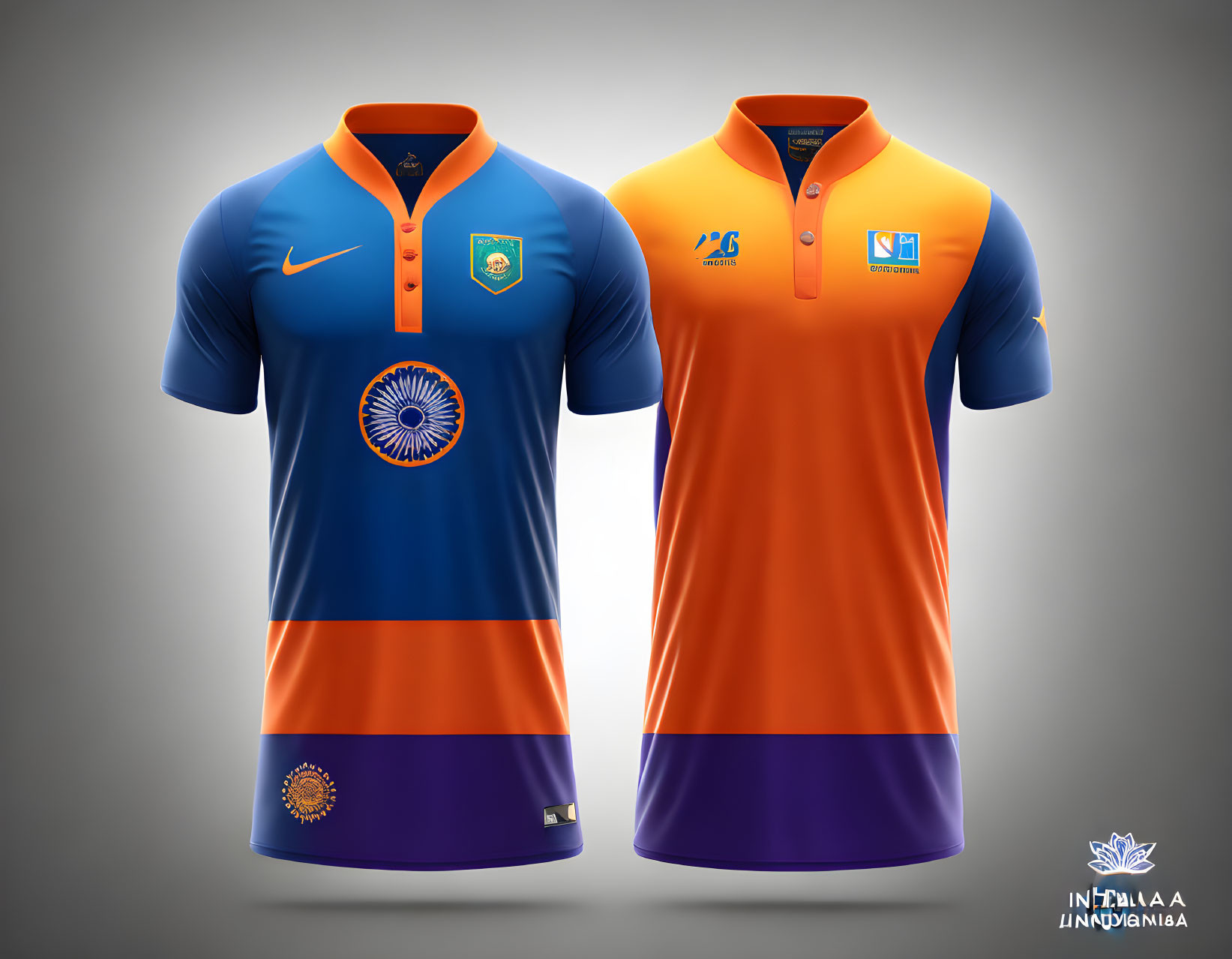 Indian Cricket Team Jerseys: Blue & Orange with National Emblem and Orange Gradient with Sponsor Logos