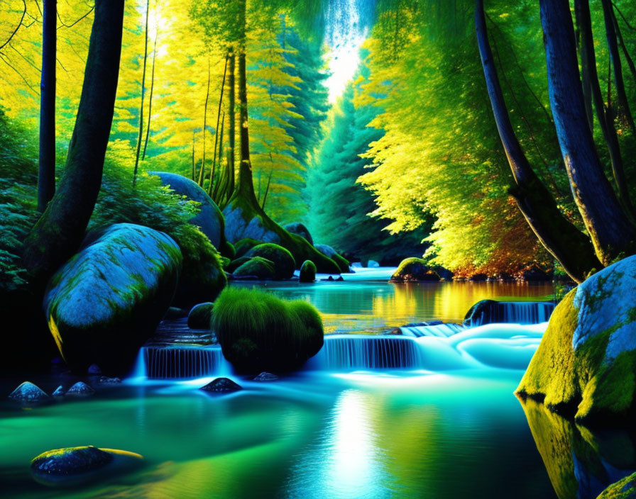 Tranquil forest stream with sunbeams, moss-covered rocks, and vibrant greenery