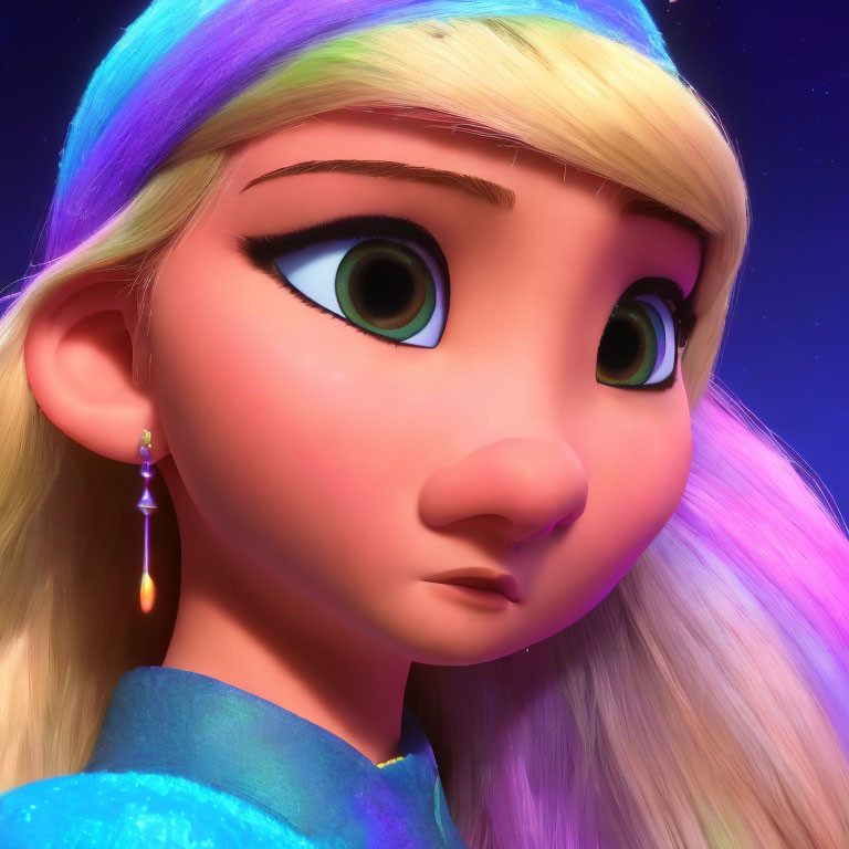 Animated female character with large expressive eyes and dangling earring against colorful background